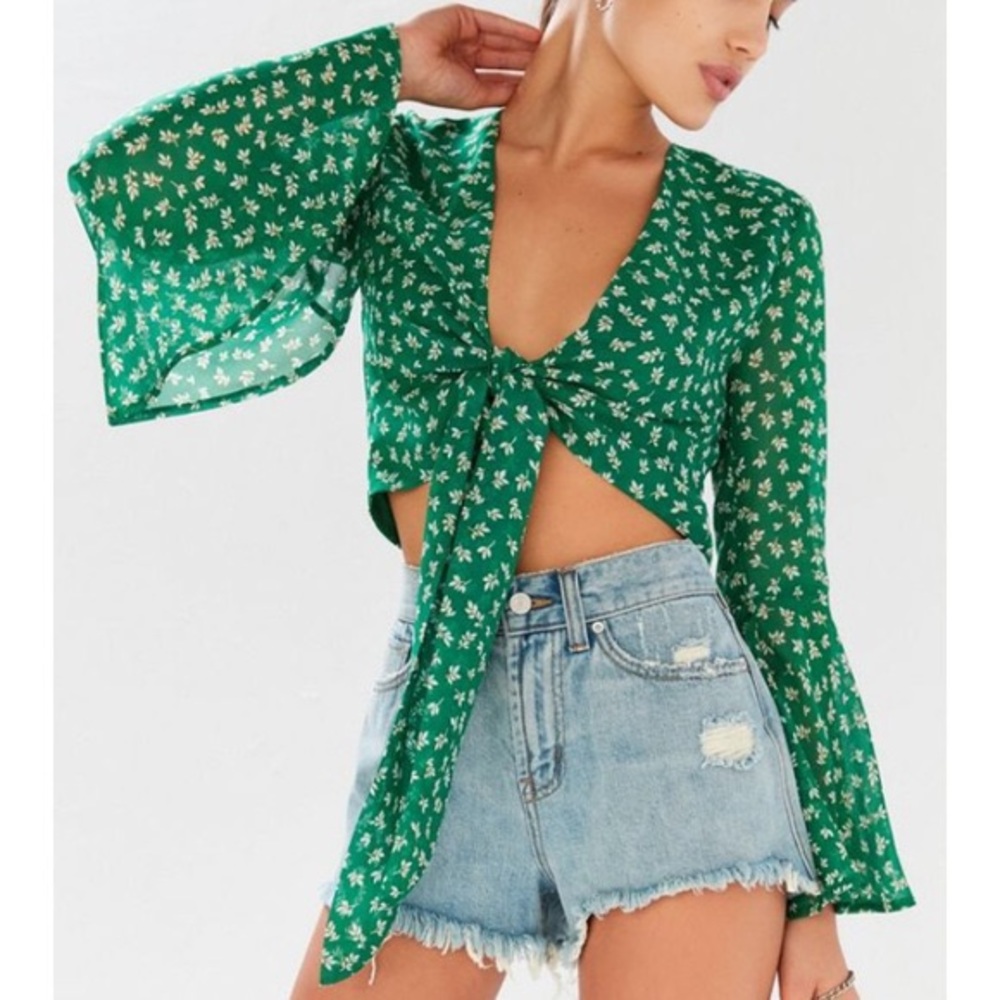 Urban Outfitters Green Floral Tie Top